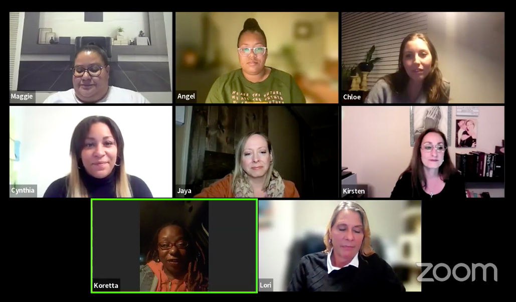 A screengrab from our International Women's Day panel, showing 8 women on a Zoom screen.