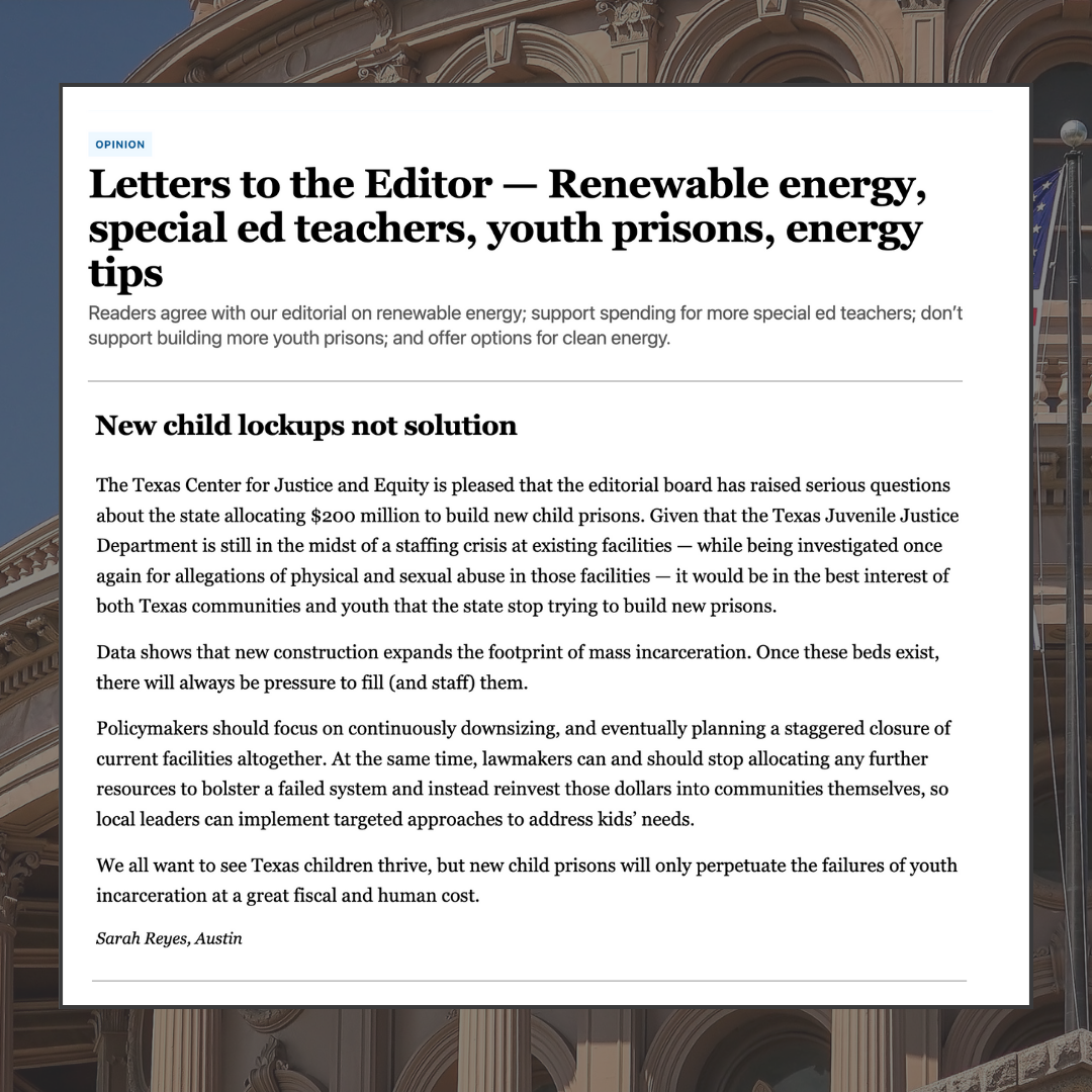 Screengrab of Sarah's letter to the editor, which argues against youth prison builds for moral, financial, and staffing reasons