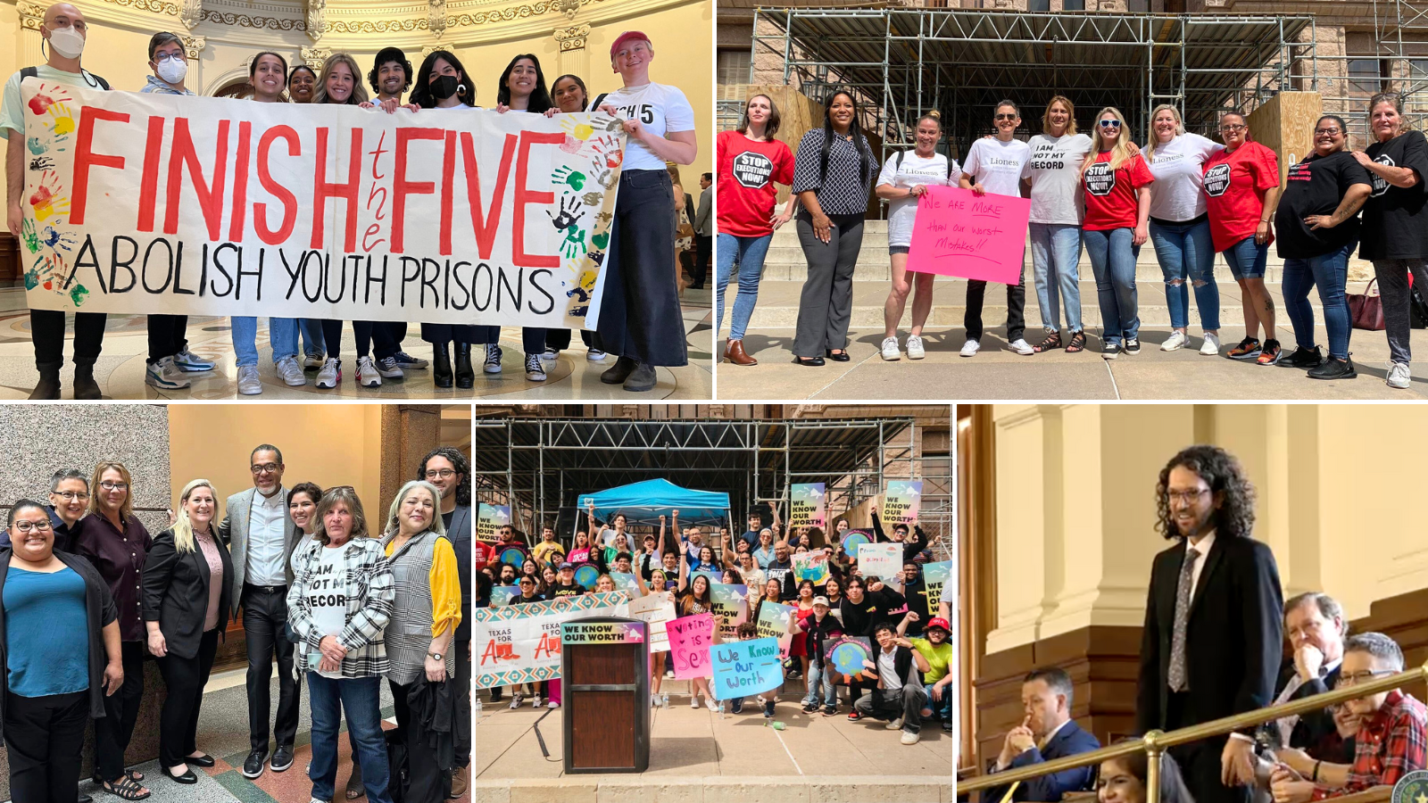 Collage of images from 2023 session including: Finish the 5 organizers with banner, a group of women advocates at a rally, a group of Statewide Leadership Council members, activists at a rally, and Justin being honored at the Capitol